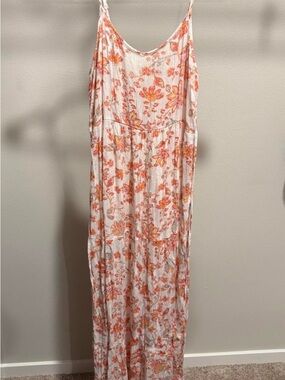 Sleeveless White Maxi Dress with Orange Floral Print